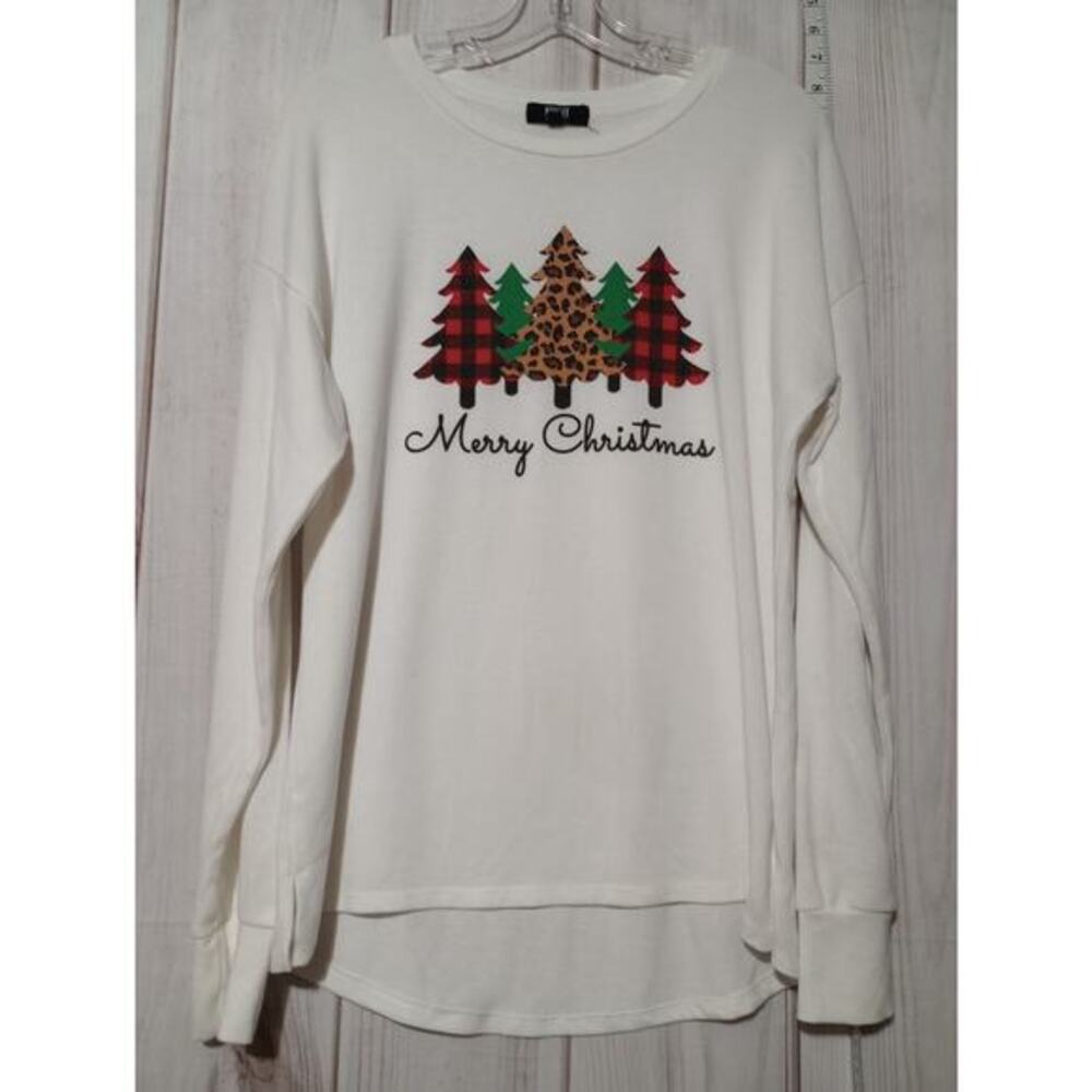 Modern Canvas Shirt Womens Large Merry Christmas Buffalo Plaid Trees Pullover‎
